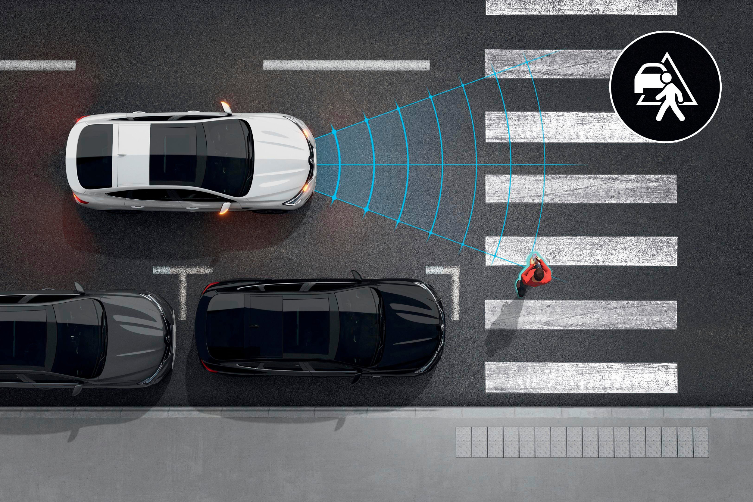 Grafinė iliustracija vaizduoja baltą Renault ARKANA, veikia aktyvi avarinio stabdymo sistema, atpažįstanti pėsčiuosius