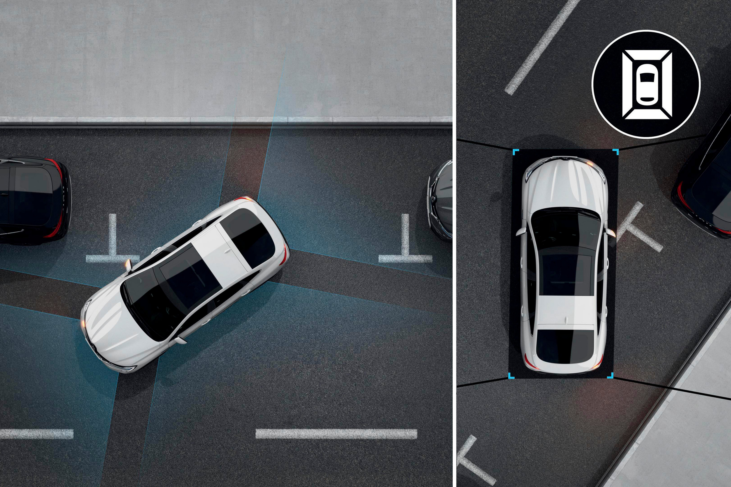 Grafinė iliustracija vaizduoja baltą Renault ARKANA, važiuojantį į stovėjimo vietą
