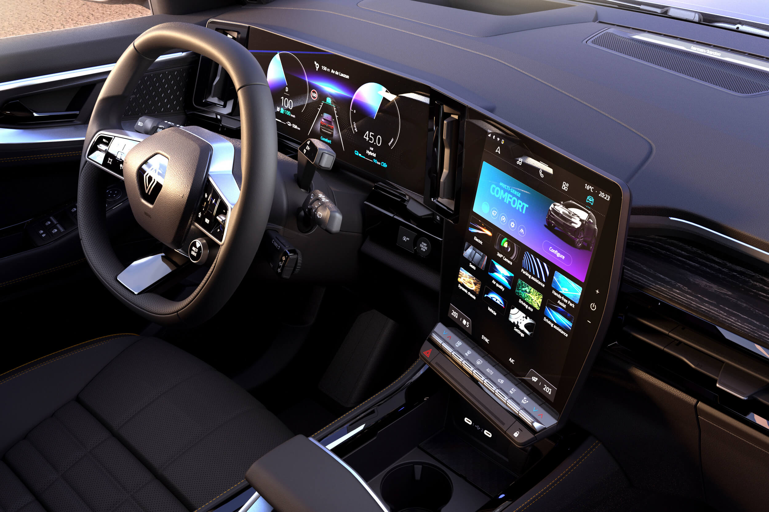 Renault Austral interjeras, matomas centrinis OpenR ekranas, skaitmeninis prietaisų skydelis ir daugiafunkcis vairas