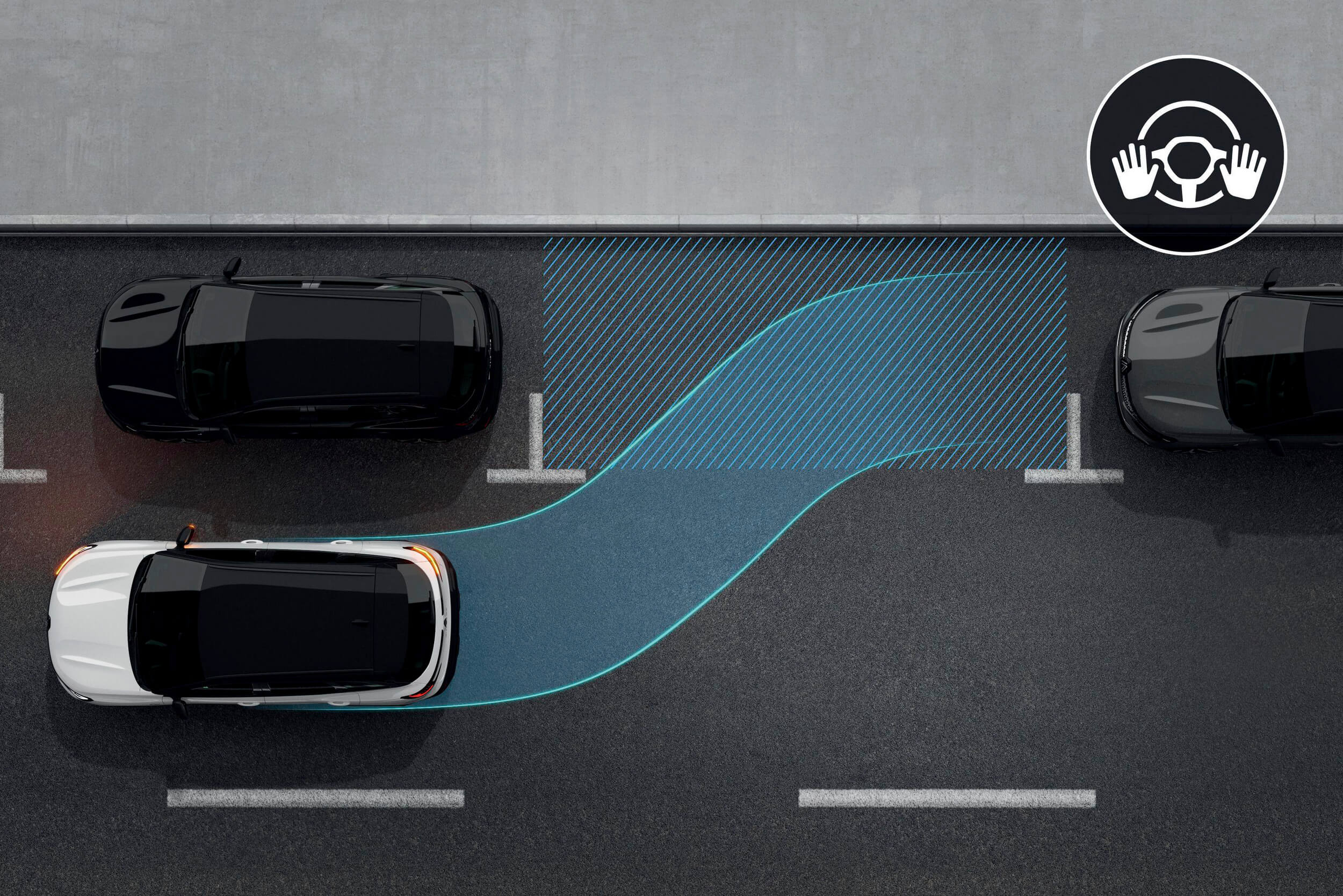 Grafinė iliustracija vaizduoja baltą Renault Austral visureigį su įjungta automatinio parkavimo pagalbos sistema