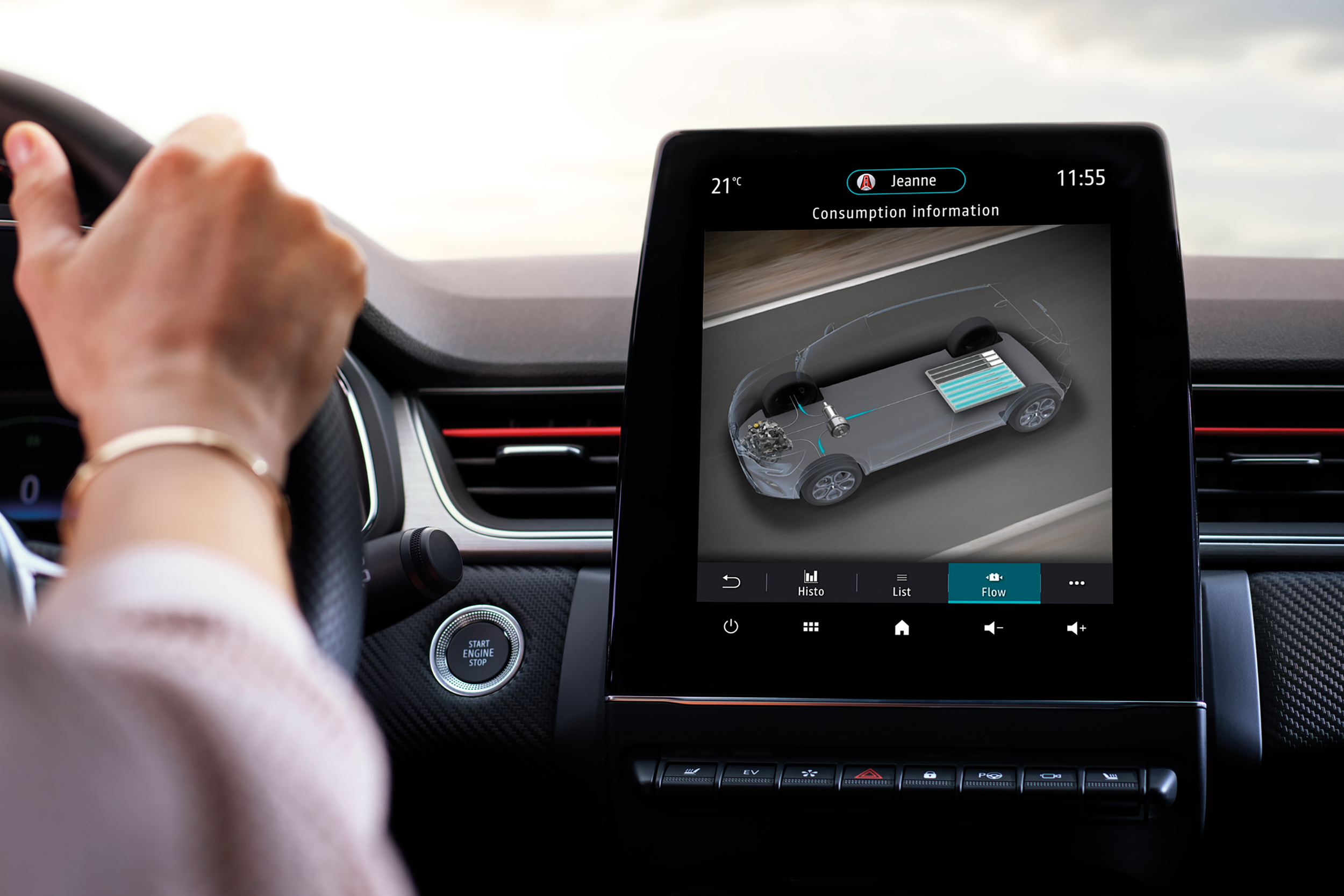 Renault CAPTUR E-TECH hibrido centriniame ekrane rodoma baterijos įkrovos lygio ir energijos srauto animacija
