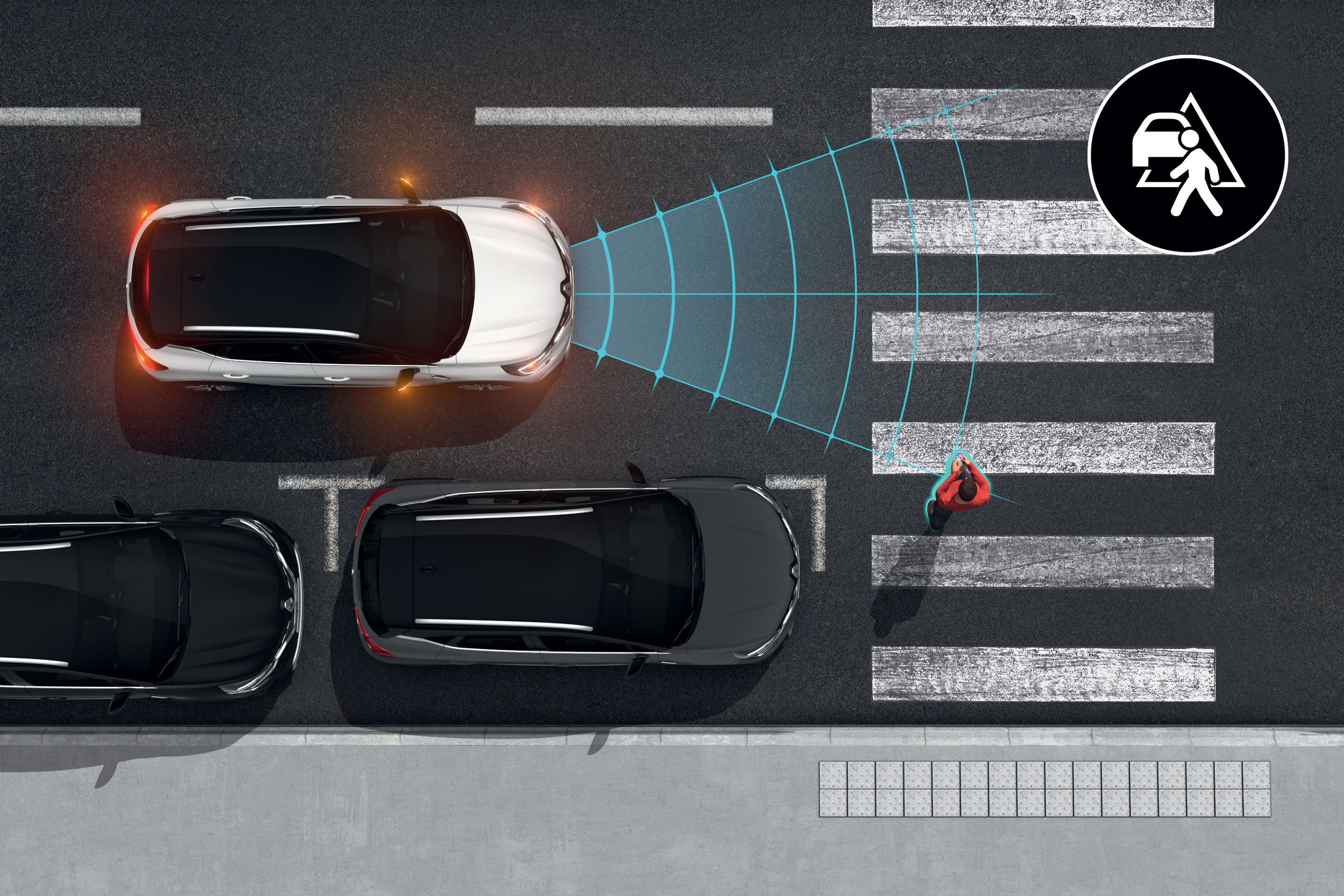 Grafinė iliustracija vaizduoja gatvėje važiuojantį baltą Renault CAPTUR, veikia aktyvi avarinio stabdymo sistema, atpažįstanti pėsčiuosius