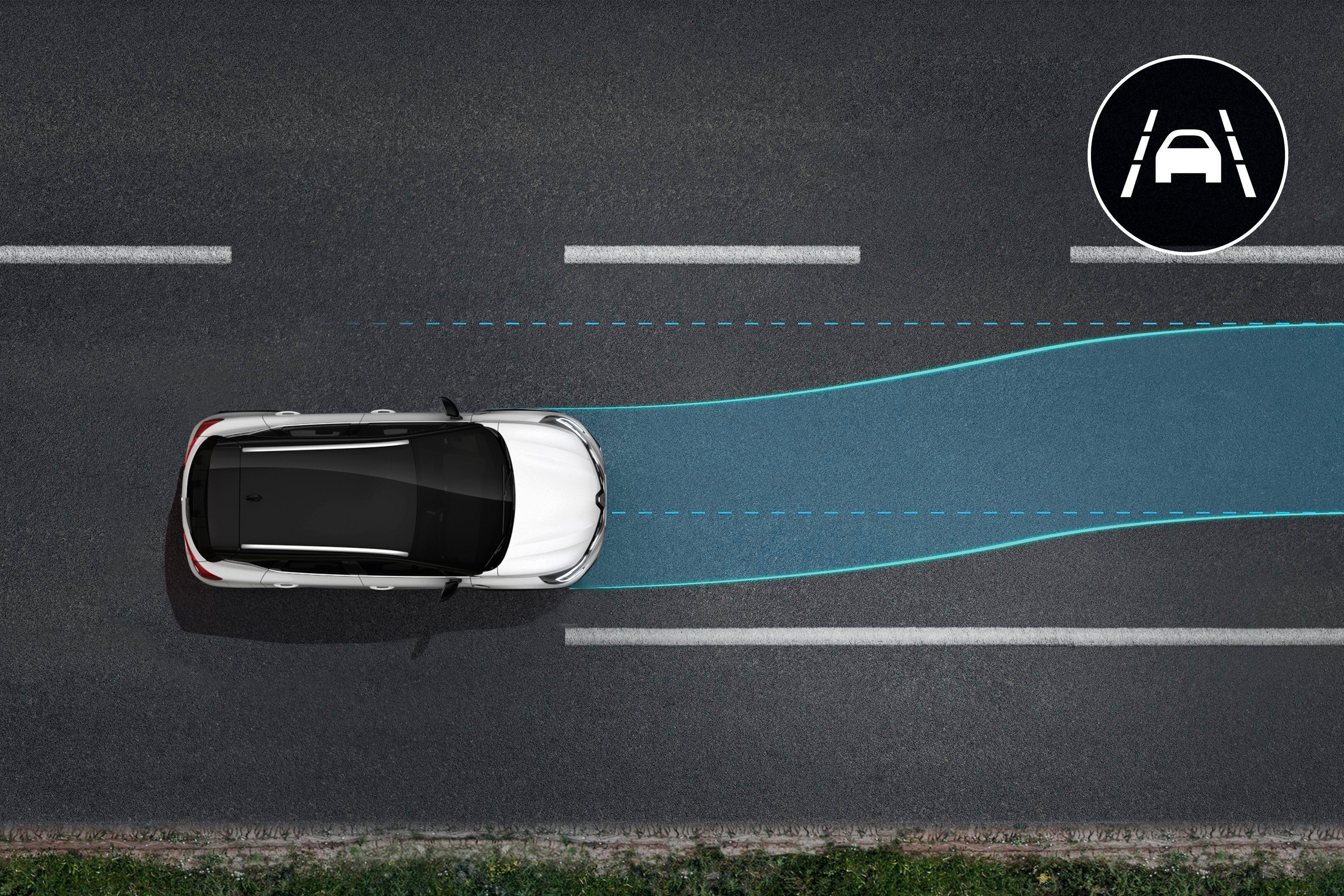 Grafinė iliustracija vaizduoja greitkelyje važiuojantį baltą Renault CAPTUR su įjungta palaikymo eismo juostoje sistema