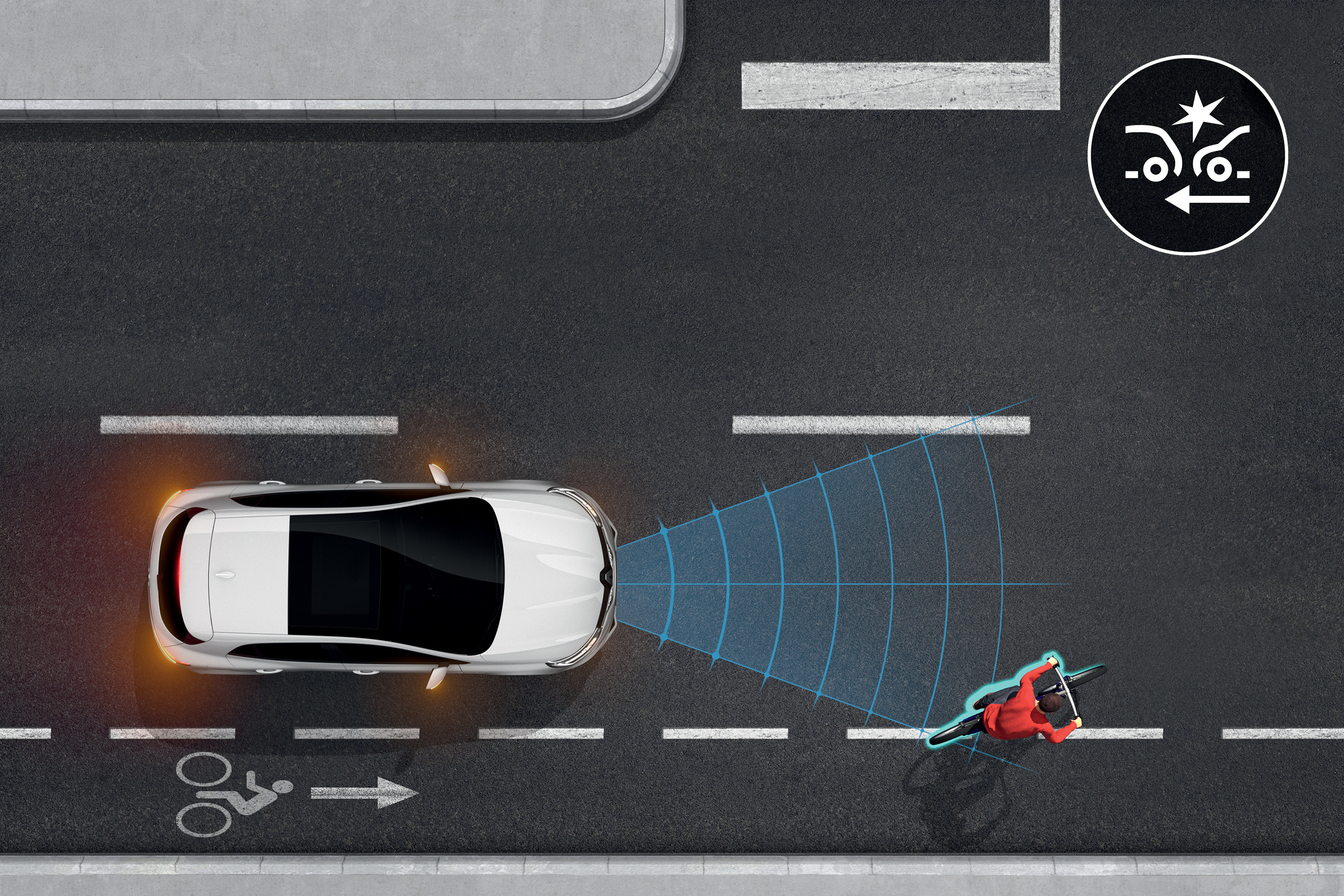 Grafinė iliustracija vaizduoja baltą Renault Megane, veikia aktyvi avarinio stabdymo sistema, aptinkanti dviratininkus