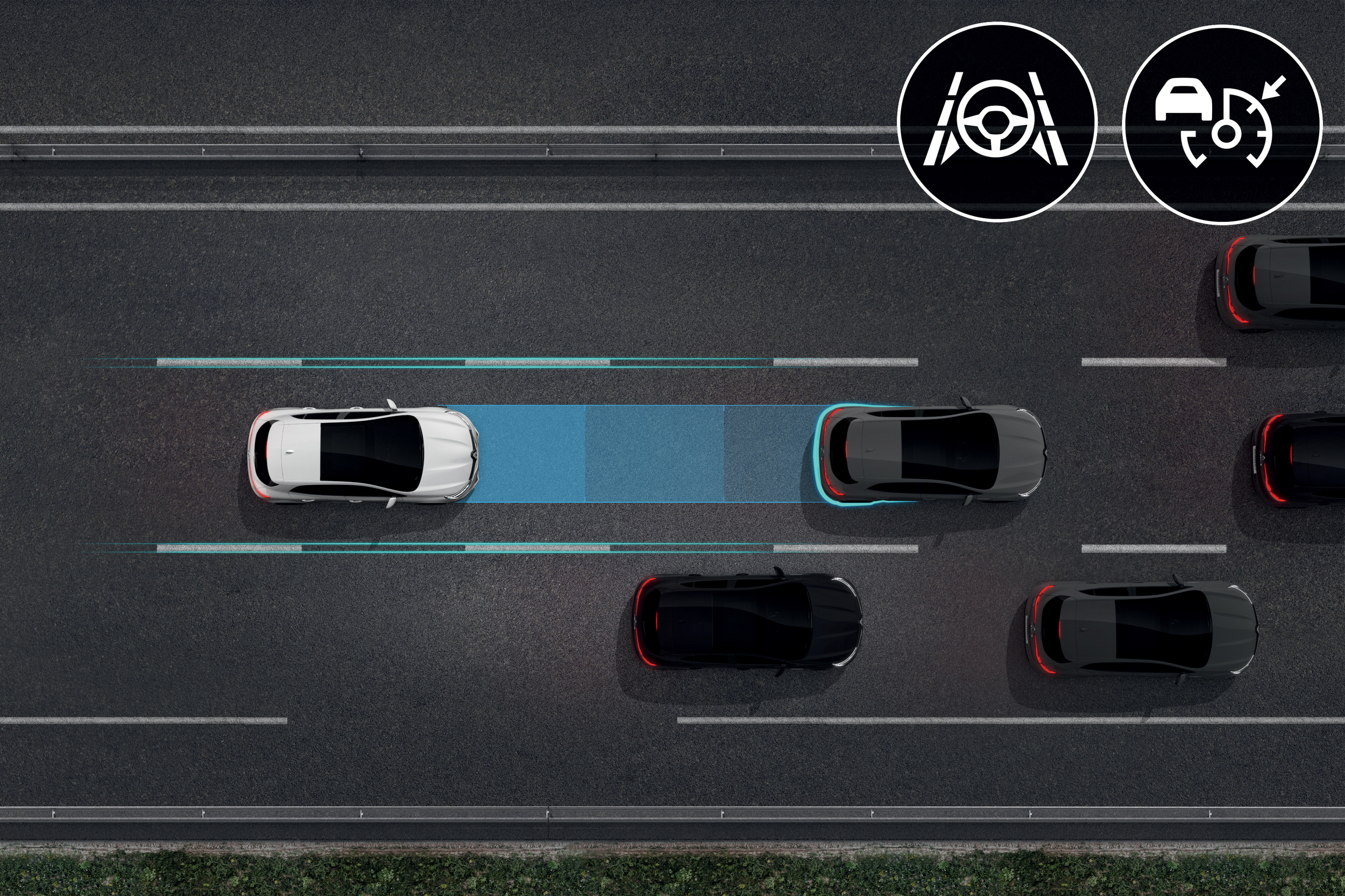 Grafinė iliustracija vaizduoja baltą Renault Megane, važiuojantį greitkelyje su įjungta Easy Pilot sistema