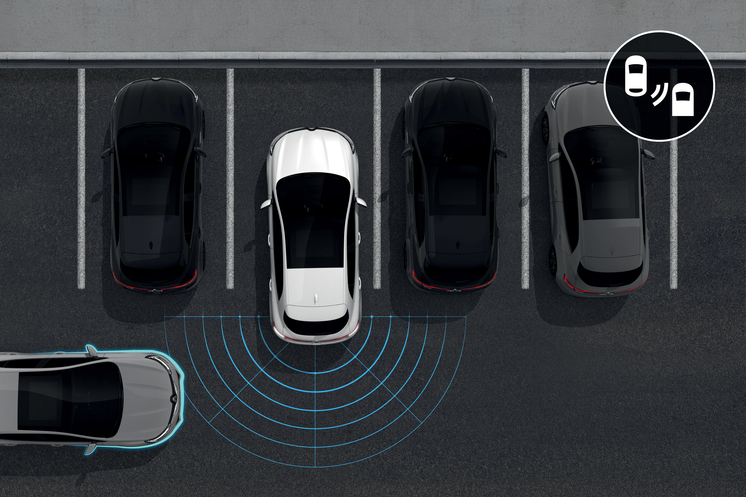 Grafinė iliustracija vaizduoja baltą Renault Megane, atbuline eiga išvažiuojantį iš stovėjimo vietos, veikia Rear Cross Traffic Alert sistema